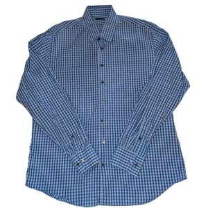 Patrick Assaraf Mens Blue‎ Gingham Check Long Sleeve Dress Shirt 100% Cotton L